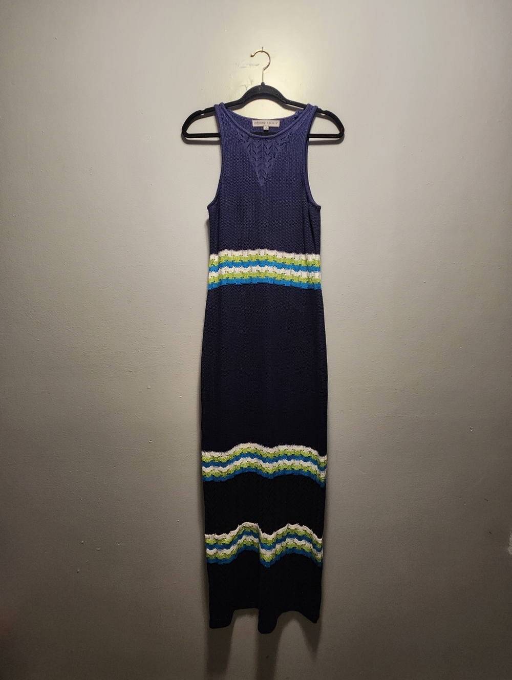 Absolutely Famous Crochet Knit Sleeveless Maxi Dress | Navy Green White | Small